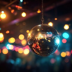 Obraz premium Shiny Mirror Disco Ball Hanging From Ceiling At Colorful Nightclub With Bokeh Lights. AI generated image