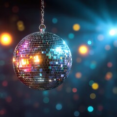 Fototapeta premium Shiny Mirror Disco Ball Hanging From Ceiling At Colorful Nightclub With Bokeh Lights. AI generated image