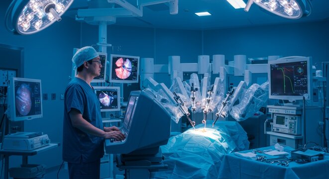 Male surgeon operates a robotic surgical system in an operating room. Advanced technology for precision medicine.