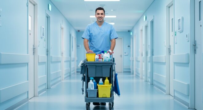 Smiling cleaner man pushing a cart with cleaning supplies in a hospital corridor, depicting hygiene and facility maintenance.
