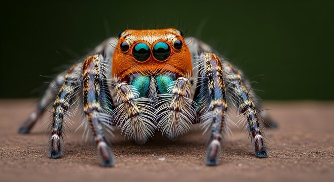 An Adorable Orange Spider Portrait on Brown Surface Against a Green Backdrop