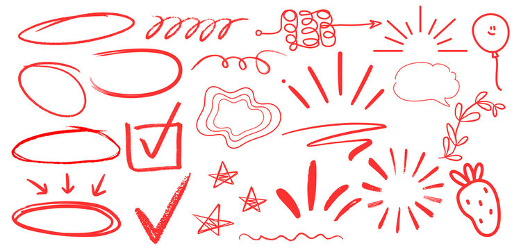 Line pen red highlight arrow set. Line pen hand drawn marker stroke red underline, check mark, emphasis. Arrow, star, round frame marker scribble stroke icon elements. Vector