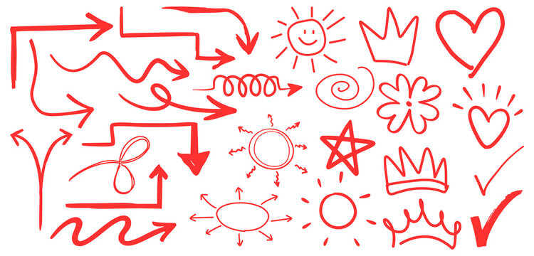 Line pen red highlight arrow set. Line pen hand drawn marker stroke red underline, check mark, emphasis. Arrow, star, round frame marker scribble stroke icon elements. Vector