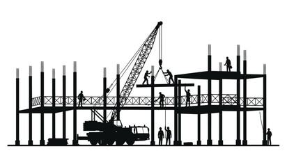 A striking black and white image depicts a construction site with a large crane and workers all rendered as a bold silhouette high quality © Thysl2000