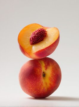 Fresh Ripe Peach Halved and Stacked on a White Background.