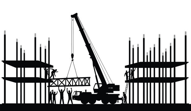 A striking black silhouette depicts a construction site with a large crane lifting steel beams and workers collaborating silhouette high quality professional detailed modern