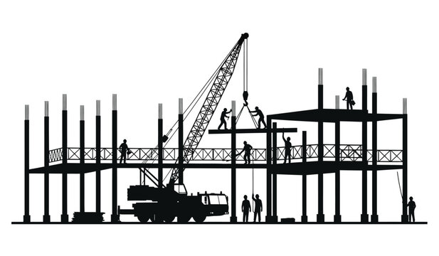 A striking black and white image depicts a construction site with a large crane and workers all rendered as a bold silhouette high quality