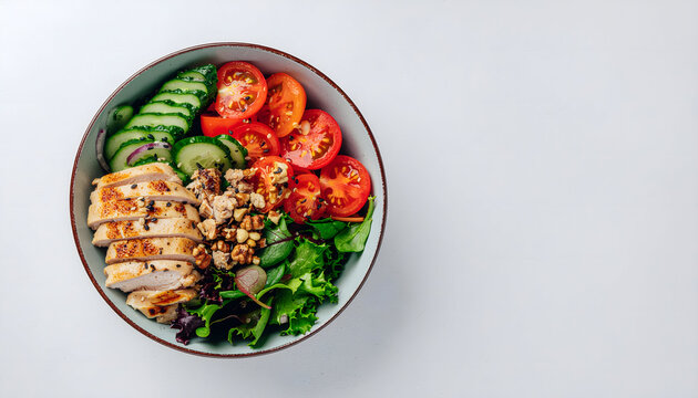 A vibrant, healthy chicken salad bowl featuring sliced chicken breast, fresh tomatoes, cucumbers, and leafy greens, perfect for a nutritious meal.