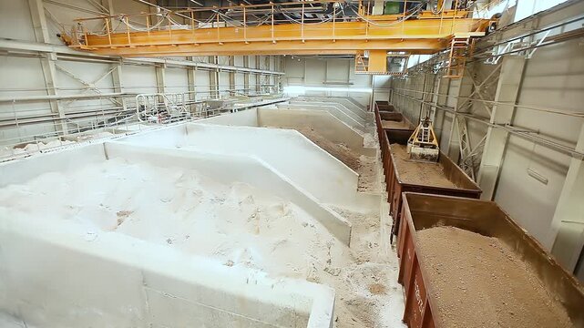 Bulk material warehouse. A bulk material warehouse, from the inside. The interior of a raw materials warehouse at a large enterprise. Unloading clay and sand from open freight rail cars.