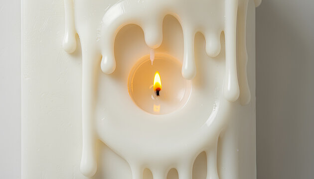 Single candle close-up on dark background with warm cream wax in titanium white and Naples yellow and palette-knife drip texture