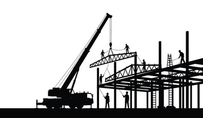 A striking black silhouette depicts construction workers assembling a steel framework with a crane showcasing industrial progress and teamwork silhouette high quality professional detailed © Thysl2000