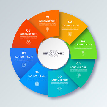 Vector infographic circle with four steps. Cycle diagram with 8 options. Round chart that can be used for report, analytics, data visualization and presentation.