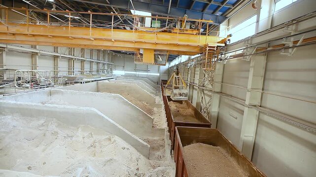 Unloading of railway wagons and storage of bulk materials in a warehouse. Unloading of open wagons and storage of bulk materials in a industrial warehouse. A bulk material warehouse, from the inside. 