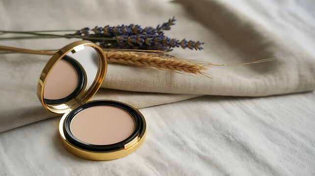 A compact makeup mirror rests amongst wheat and lavender creating a serene still life