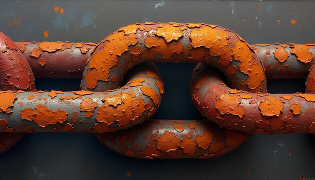 Rusted iron chain close-up on oil panel with orange brown red rust tones and thick palette-knife texture throughout