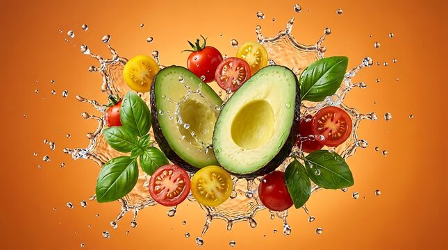 Alpukat segar dan tomat ceri berair dengan daun basil hijau dalam latar belakang oranye terang untuk gaya makanan sehat dan segar