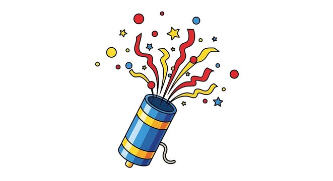 Colorful party popper exploding with confetti and streamers on white background