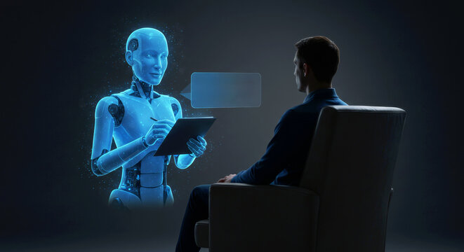 Man communicating with a humanoid robot while virtual ai assistant takes notes during an interview. Future of artificial intelligence and chatbot for customer service concept.