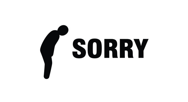 A stark black silhouette of a bending figure accompanies the bold text sorry conveying apology and regret silhouette high quality professional detailed modern elegant