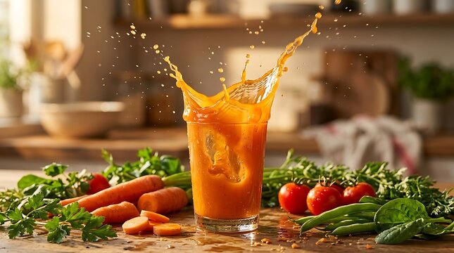 Segar dan sehat, jus buah dan sayur alami dengan splash di dapur modern untuk gaya hidup sehat dan energik