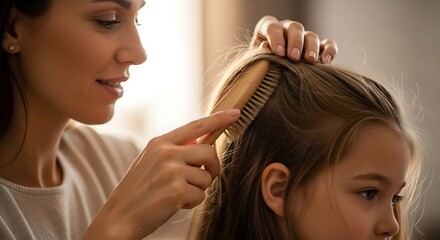 Fototapeta premium Mother gently brushing her daughter's long brown hair with a wooden brush
