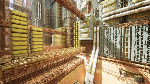sunny pipe junction panorama with layered walkways and vertical shafts, warm highlights and deep shadows, intricate mesh of conduits and supports inviting