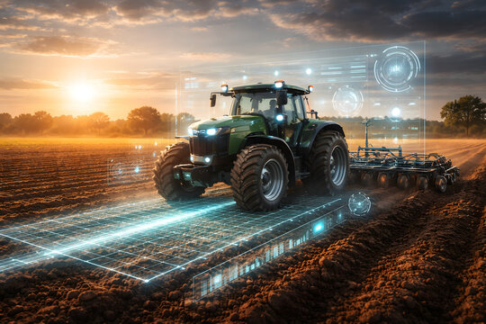 Autonomous tractor working farmland at sunrise with holographic data overlays, showcasing precision agriculture technology, smart farming innovation and futuristic crop management.
