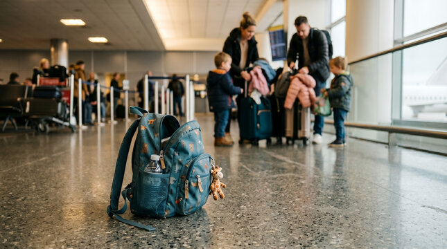Family preparing for departure with luggage in busy airport terminal  