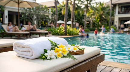 Obraz premium Spa towel and tropical flowers by poolside in luxury resort 
