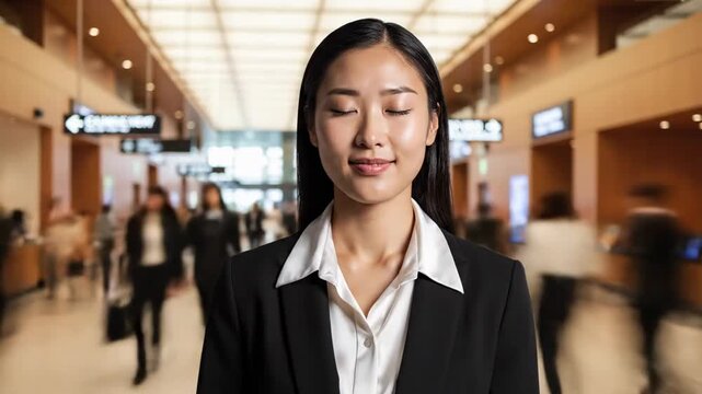 Peaceful Businesswoman Finding Inner Calm with Eyes Closed in Busy Airport Terminal for Corporate Wellness.