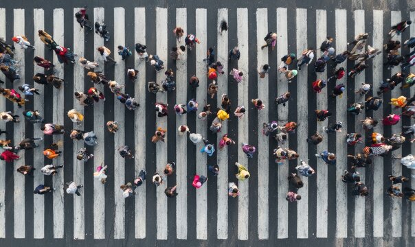 Aerial View of Pedestrians Crossing a Busy Urban Street Crosswalk.