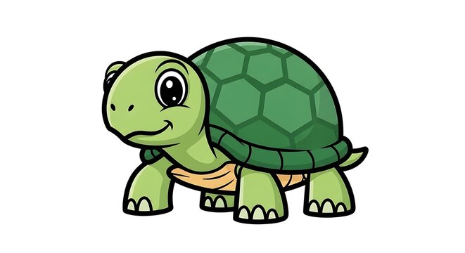 Cute Green Turtle with Patterned Shell Isolated on White Background