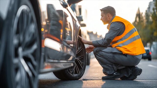 Mechanic crouching by car wheel to inspect tire damage on road. Roadside assistance professional examining vehicle for repair assessment. Safety vest equipment.