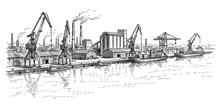 Vintage industrial seaport harbor engraving with cargo ship and crane