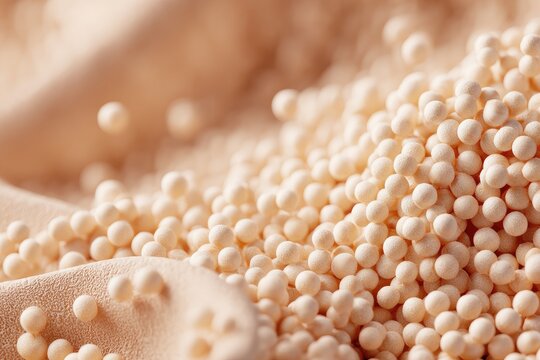 Close-up of small white tapioca pearls scattered on a light brown fabric surface.
