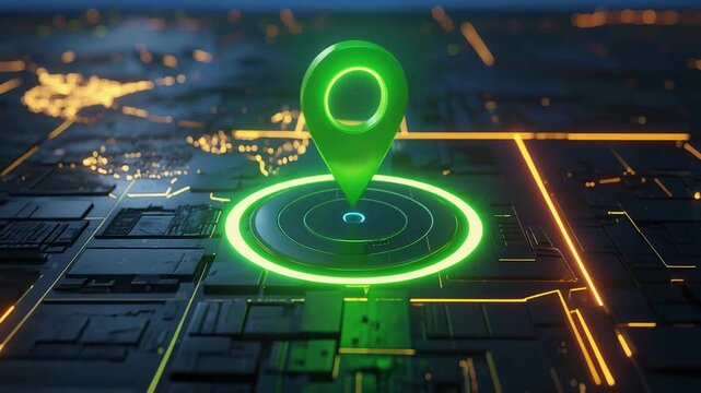 Bright green navigation pin glowing above digital city map showing GPS location tracking