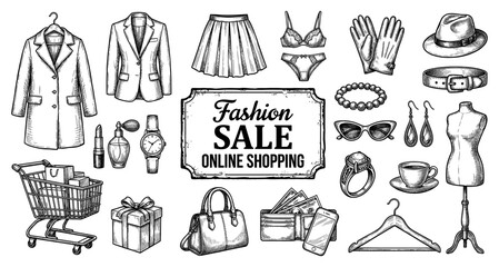 Obraz premium Fashion sale set coat bag and jewelry shopping sketch