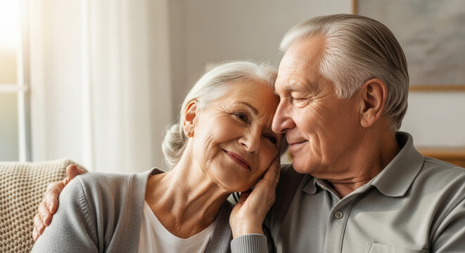 Elderly couple sharing a tender moment with affection and love against a cozy home backdrop
