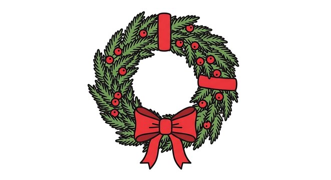 Traditional Christmas Green Wreath with Red Bow Isolated on White