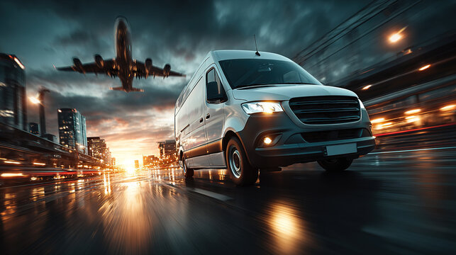 A high-speed logistics concept featuring a white commercial van speeding along a modern highway and a delivery plane flying over it