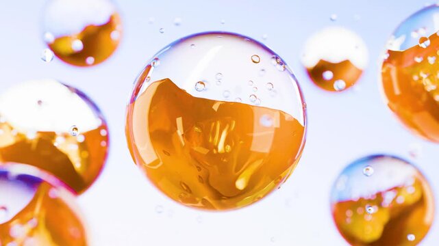 Cosmetic Serum Bubbles and Golden Oil Droplets, Floating Collagen and Moisturizing Essence Liquid, Omega-3 Fish Oil or Vitamin Gel, Clean Aesthetic Concept of Hydration, Purity, and Luxury, 3d render