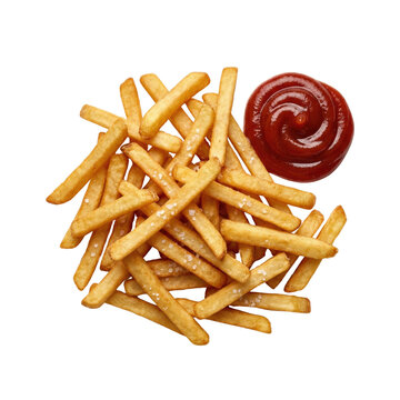 French fries with ketchup swirl top view isolated. Fast food snack.