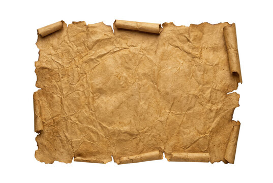 Ancient rolled parchment scroll top view isolated. Treasure map template.