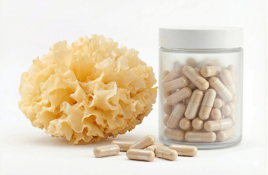 Snow fungus capsules and tremella powder with dried tremella mushroom isolated on white background. Great for supplement packaging, wellness ads, health blogs, and nutraceutical content.