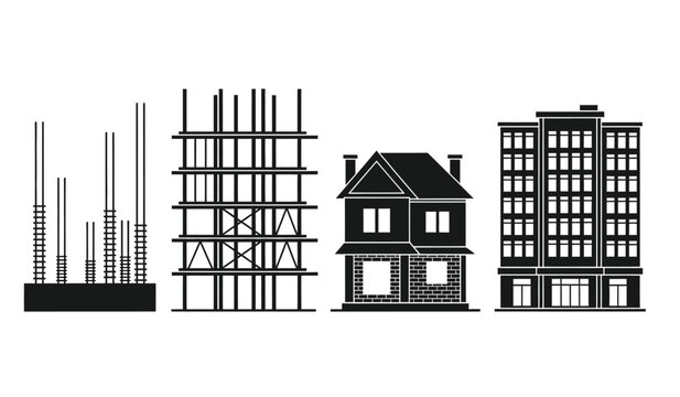 A stark black and white illustration depicts various stages of building construction from foundational supports to completed structures silhouette high quality professional detailed modern