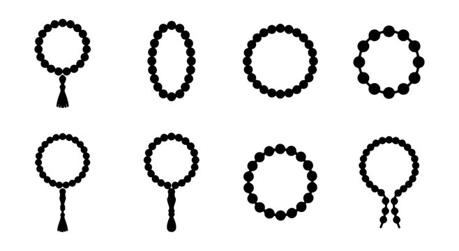 Islamic prayer beads silhouette set, 8 tasbih icons, religious rosary vector elements
