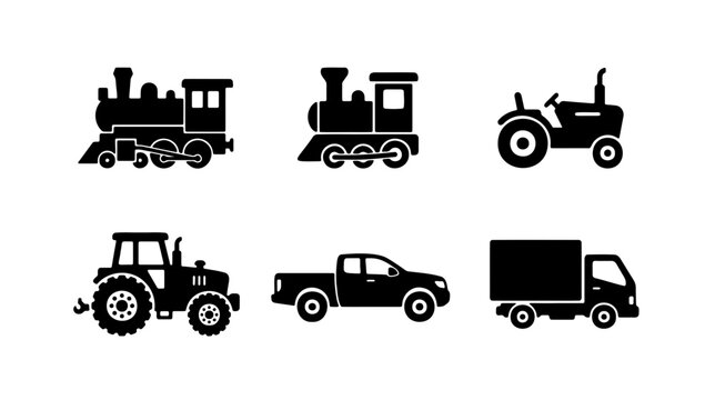 Vintage vehicle silhouette icons, steam train and farm tractor set, 6 transport vectors