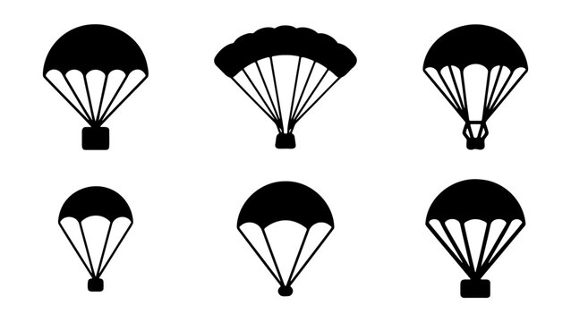 Parachute silhouette icons set, black skydive symbols, 6 vector paragliding elements