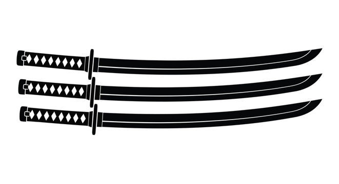 A striking depiction showcases three traditional japanese katanas arranged diagonally their blades and hilts sharply defined in silhouette high quality professional detailed modern elegant