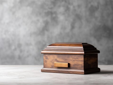 wooden urn for ashes on a gray background